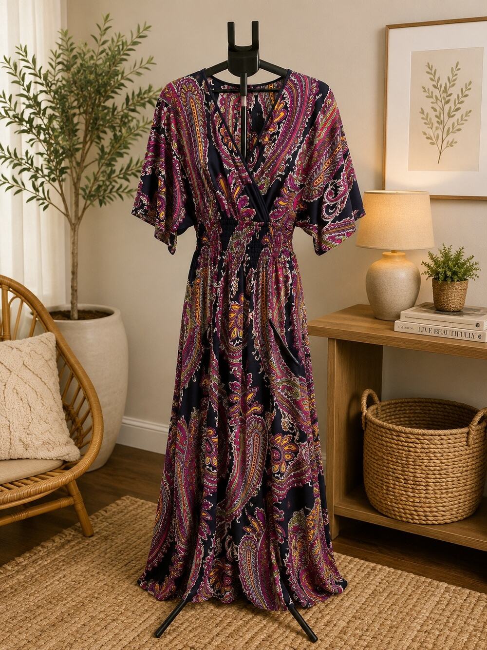 Magic Women’s 3X Paisley Maxi Dress Pink Black Kimono Sleeve NWT Boho